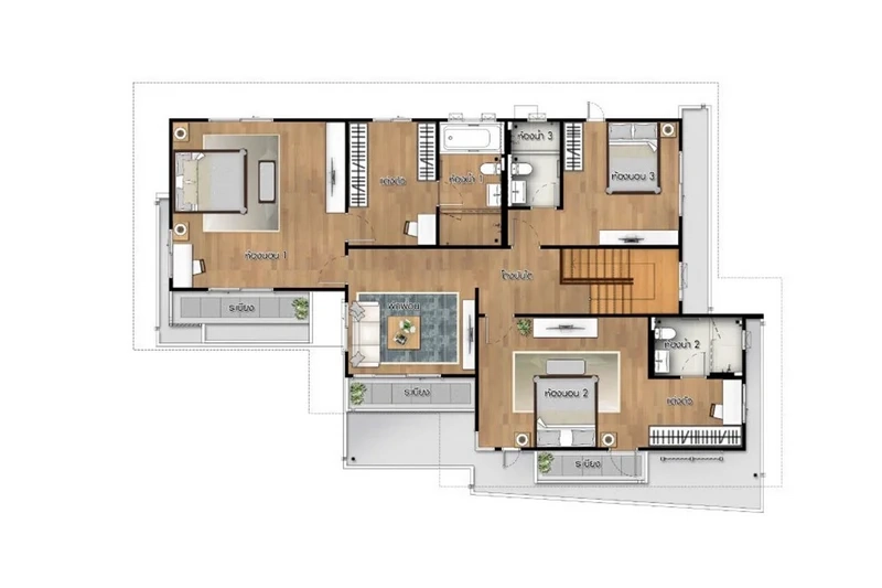 Detached House for sale in Lam Luk Ka, Pathum Thani - Upper-floor plan showing four bedrooms, bathrooms and family area with balconies.
