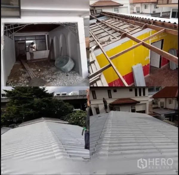 带办公室的家 出租在Suan Luang, Bangkok - 屋顶翻新进行中，安装金属屋面板与桁架，可见周边低层社区景观。