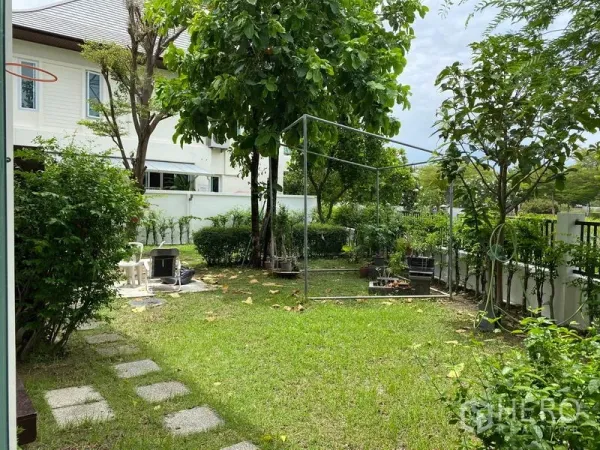 独立式住宅 出租在Prawet, Bangkok - 私家庭院一角，草坪、成树与白色围栏营造清新绿意。