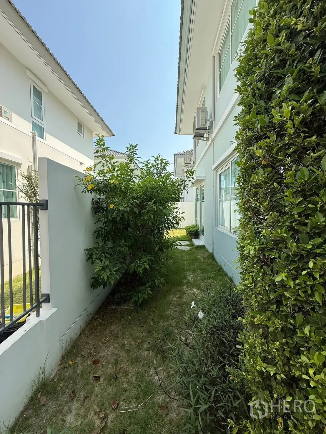 บ้านเดี่ยว for rent in Bang Phli, Samut Prakan - ทางเดินข้างบ้านเป็นสนามหญ้าคั่นด้วยพุ่มไม้ระหว่างตัวบ้าน