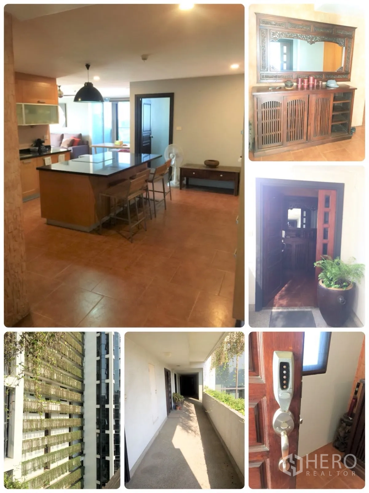 Condominium for rent in Watthana, Bangkok - Cozy dining nook with wooden table and benches beside a glass-front cabinet and soft pink feature wall.