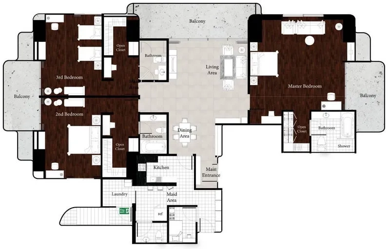 Apartment for rent in Khlong Toei, Bangkok - Floor plan of a 278 sqm three-bedroom apartment with balconies and a maid area.