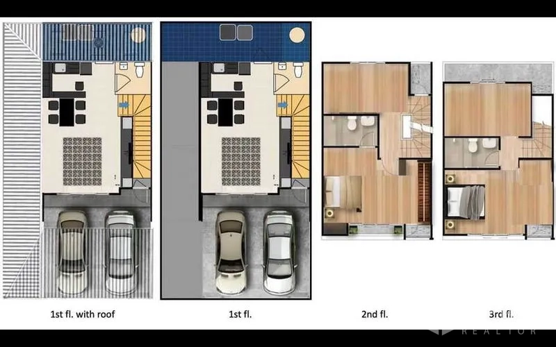 Townhouse for sale in Wang Thonglang, Bangkok - Three-storey townhouse floor plan with ground-floor parking, open-plan living area, and upper floors for bedrooms and bathrooms.
