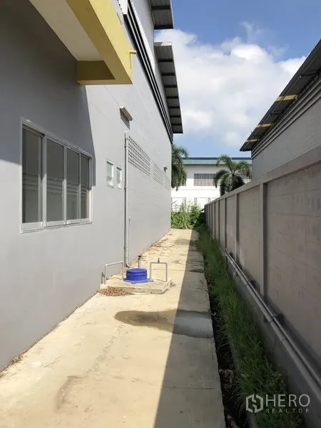 Factory for rent in Pathum Thani - Side walkway around the building with utilities and drainage next to the boundary wall.