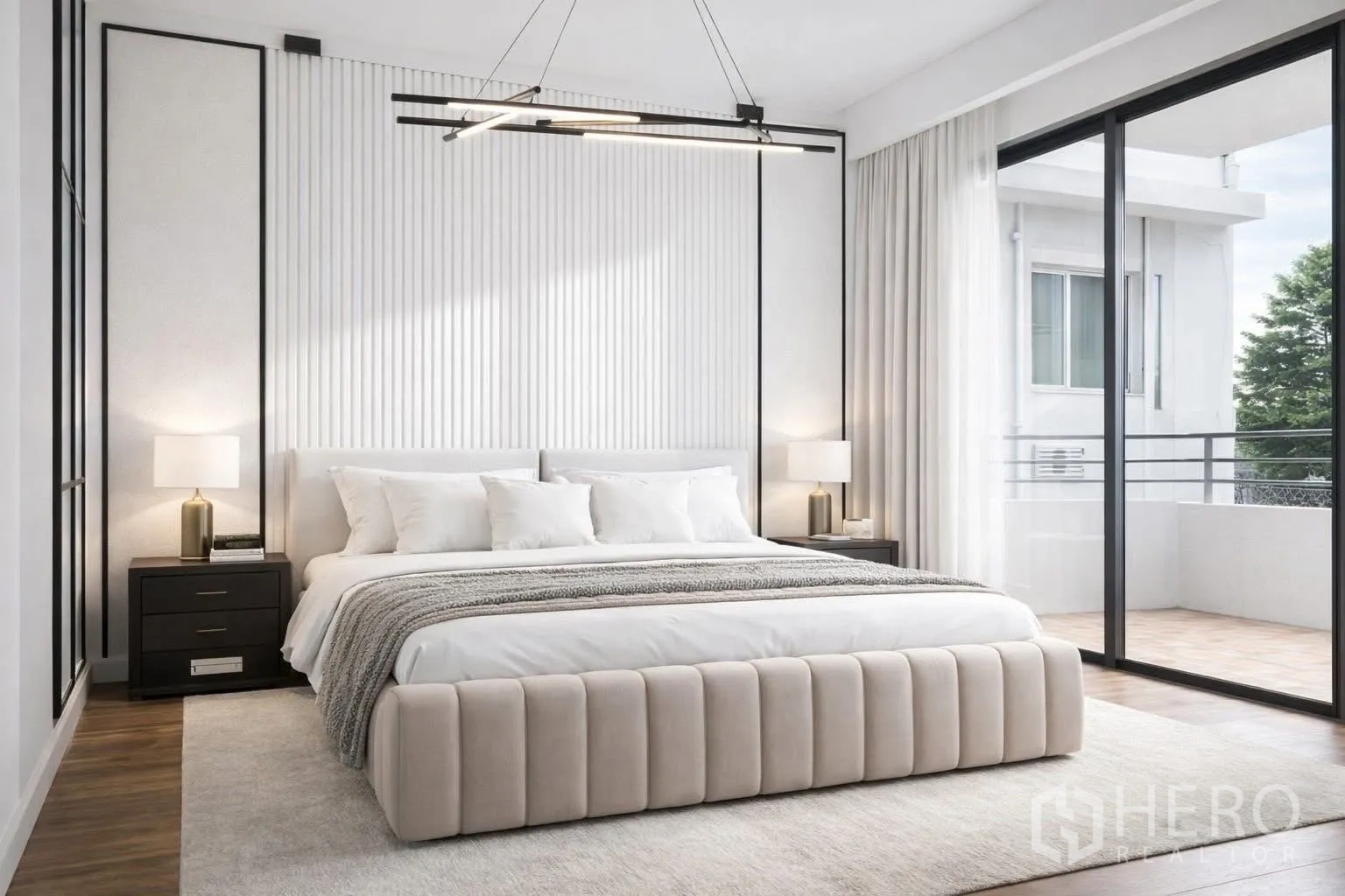 บ้านเดี่ยว for rent in Suan Luang, Bangkok - ห้องนอนมินิมอล มีกระจกบานใหญ่เต็มผนังเปิดสู่ระเบียง