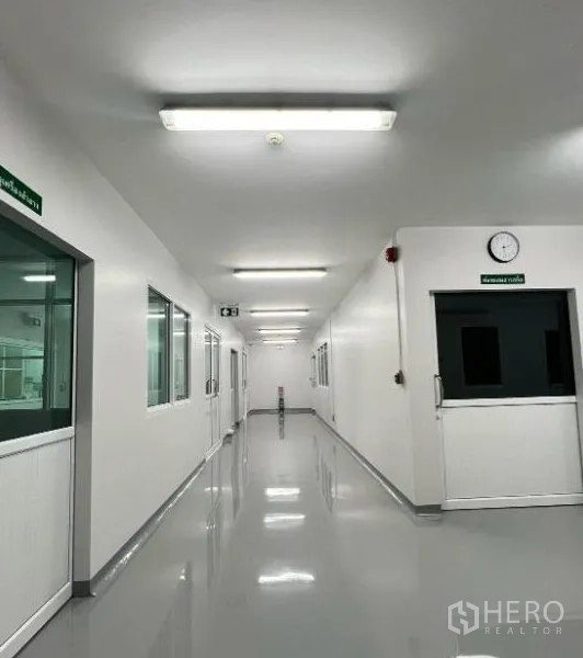 Factory for rent or sale in Sai Noi, Nonthaburi - Clean-room corridor with glossy flooring, white walls, ceiling lights, windows to labs, and access doors.