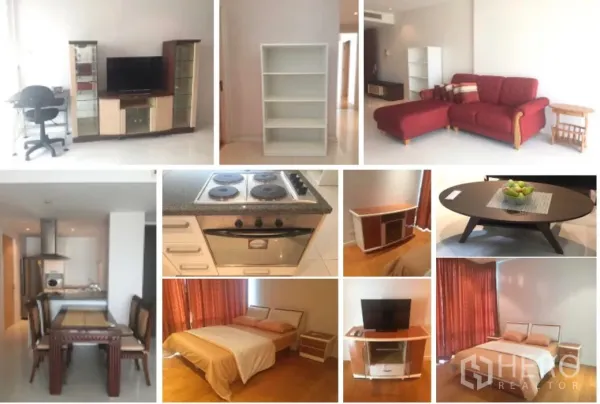 Condominium for rent or sale in Watthana, Bangkok - Bright living room with TV cabinet, glass display units, and a work desk.