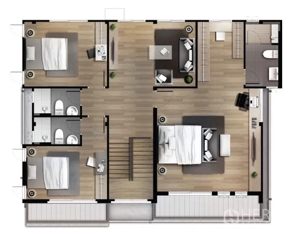 บ้าน ให้เช่าหรือขายในBang Na, Bangkok - ผังชั้นบนแสดง 3 ห้องนอน ห้องน้ำ และพื้นที่แฟมิลี่