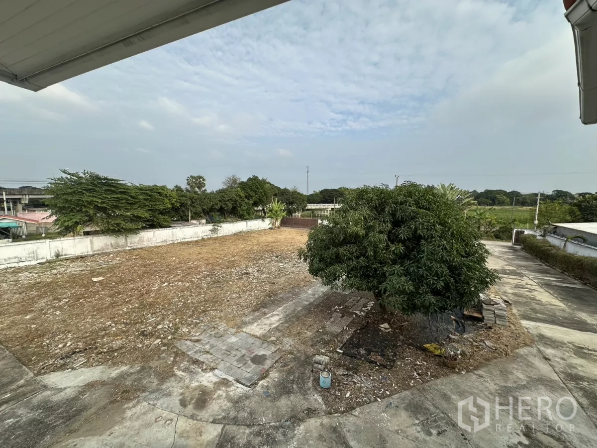 Home Office for rent - Elevated view of the spacious vacant yard with a mango tree and boundary wall.