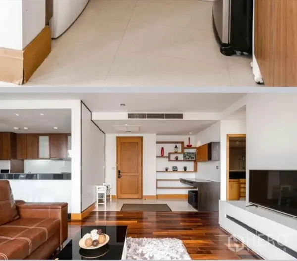คอนโด ให้เช่าในSathon, Bangkok - โถงและห้องนั่งเล่นพร้อมชั้นวางบิวต์อิน ทีวีคอนโซล และพื้นไม้จริงโทนอุ่น
