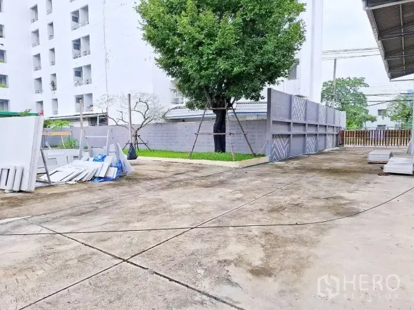 Warehouse for rent in Bang Kapi, Bangkok - Spacious concrete yard beside the warehouse with perimeter wall and a mature shade tree for parking and loading.