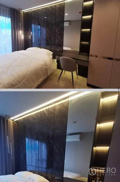 คอนโด ให้เช่าในHuai Khwang, Bangkok - ภาพระยะใกล้หัวเตียงไฟซ่อนและบานตู้เงาในห้องนอนหลัก