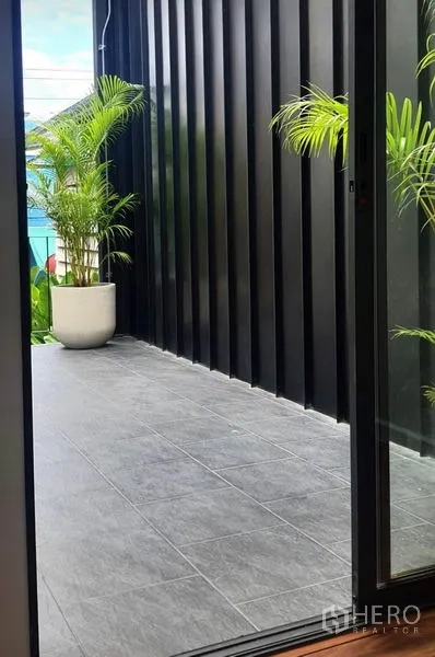 带办公室的家 出租或出售在Khlong Toei, Bangkok - 带顶露台，深色墙面与灰色地砖，摆放棕榈盆栽。