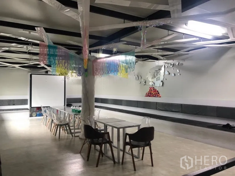 Retail Space for rent in Khlong Toei, Bangkok - Large multipurpose room with projector screen, tables, and long bench seating.