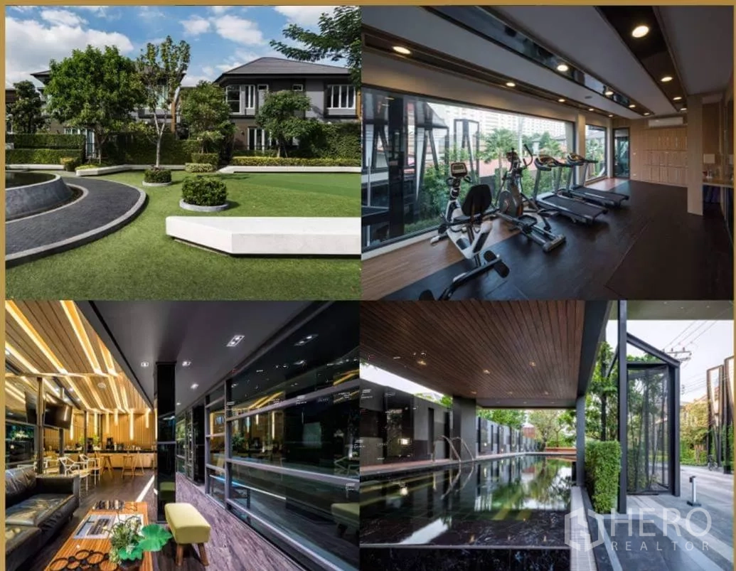 Detached House for rent or sale in Chatuchak, Bangkok - Collage of landscaped garden, fitness room with cardio machines, stylish lounge, and long swimming pool in the estate.