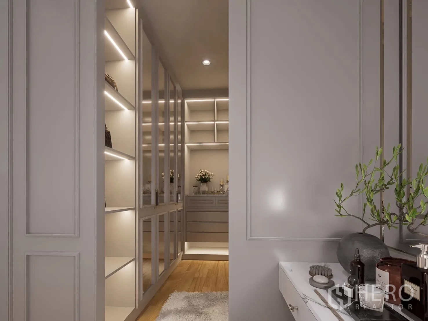 Detached House for rent in Bang Phli, Samut Prakan - Luxury walk-in closet with glass cabinets and LED lighting.