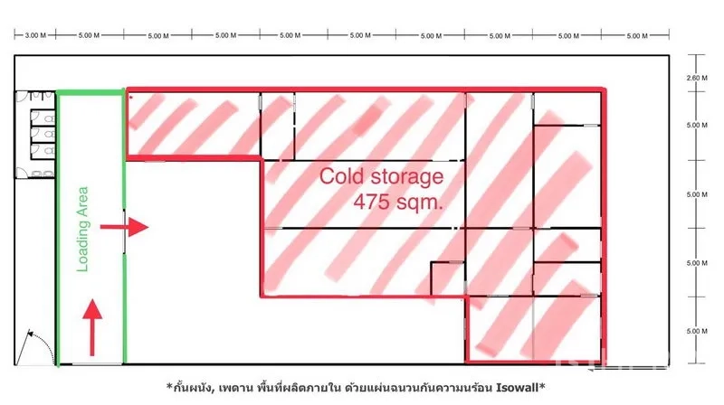 Warehouse for rent in Bueng Kum, Bangkok - Warehouse floor plan highlighting a 475 sqm cold storage zone and a dedicated loading area.