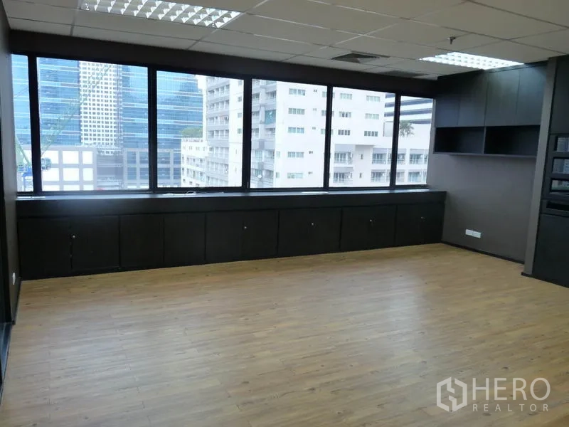 Office Space for sale in Watthana, Bangkok - Bright meeting room with wide windows overlooking nearby towers and under-window storage.