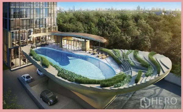 Condominium for sale in Watthana, Bangkok - Aerial view of a resort-style elevated swimming pool with curved terraces and lush planting beside the tower.