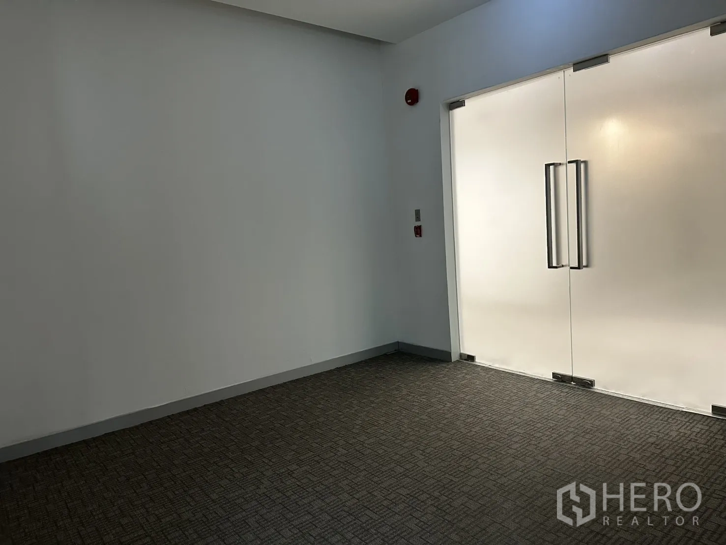 办公室 for rent in Khlong Toei, Bangkok - 铺地毯的入口区，配磨砂玻璃双开门及安全装置。