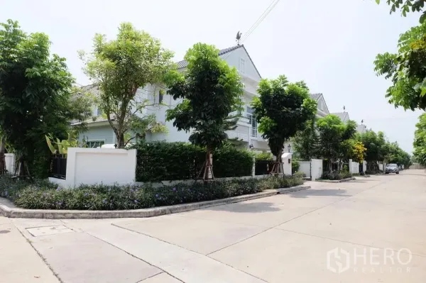 บ้าน ขายในMin Buri, Bangkok - ถนนภายในโครงการร่มรื่นเรียงรายด้วยต้นไม้และบ้านเดี่ยวสมัยใหม่