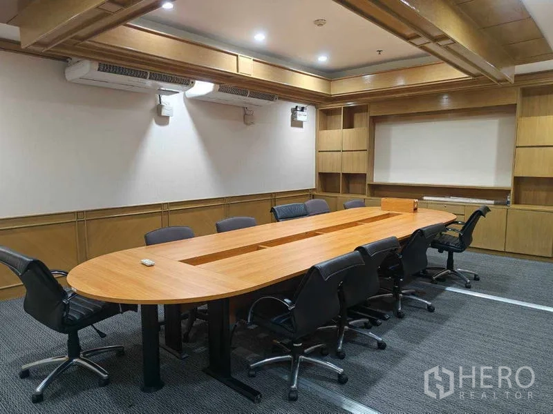 Office Space for rent in Din Daeng, Bangkok - Boardroom with a long oval conference table, built-in shelves, and wall-mounted air conditioners.