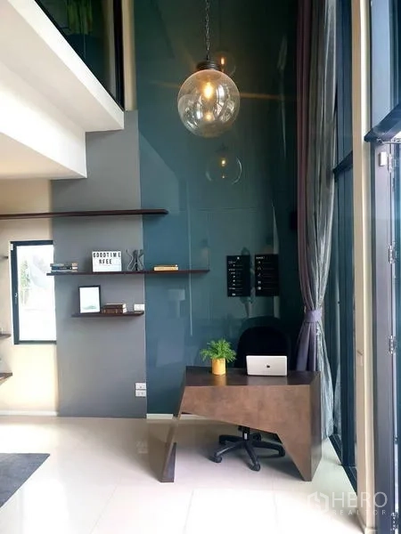 Home Office for rent in Bang Phli, Samut Prakan - Double-height foyer with glass wall, pendant light and reception desk.