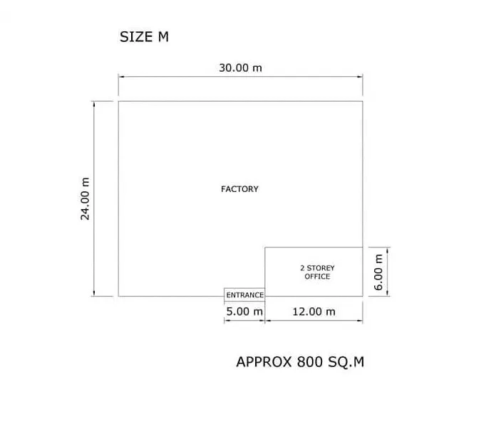 Factory for rent in Pathum Thani - Floor plan illustrating 800 sqm layout with warehouse and two-storey office.