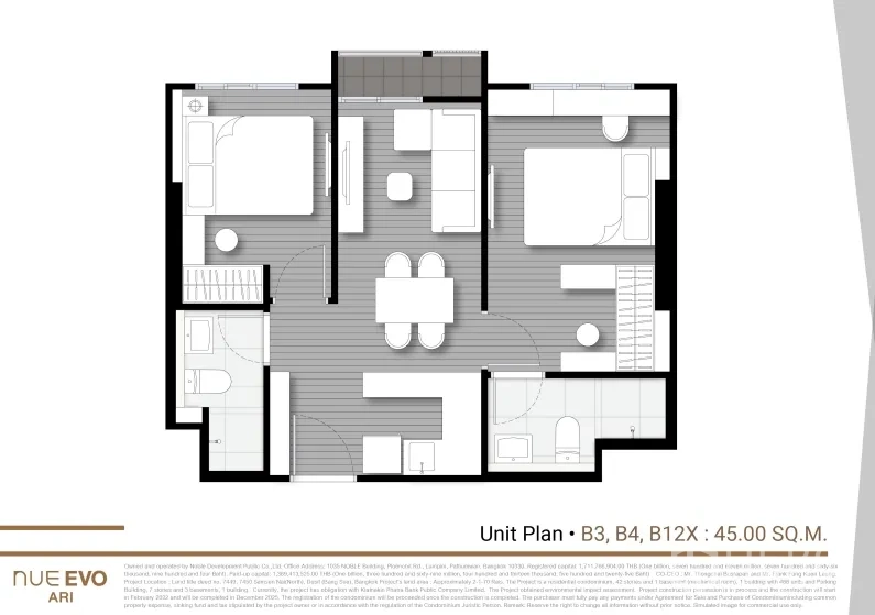 Condominium for sale in Phaya Thai, Bangkok - Two-bedroom condominium floor plan with separated bedrooms flanking a central open living–dining area, compact pantry, and a small step-out balcony.