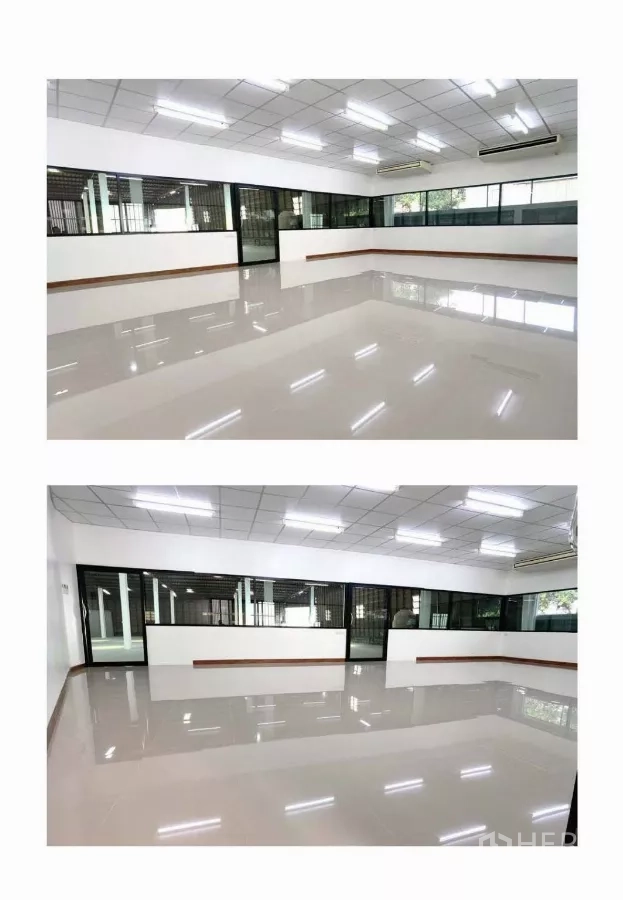 Warehouse for rent in Mueang Samut Prakan, Samut Prakan - Glass-front office overlooking the warehouse, glossy tile flooring, drop ceiling lights and air-conditioning.