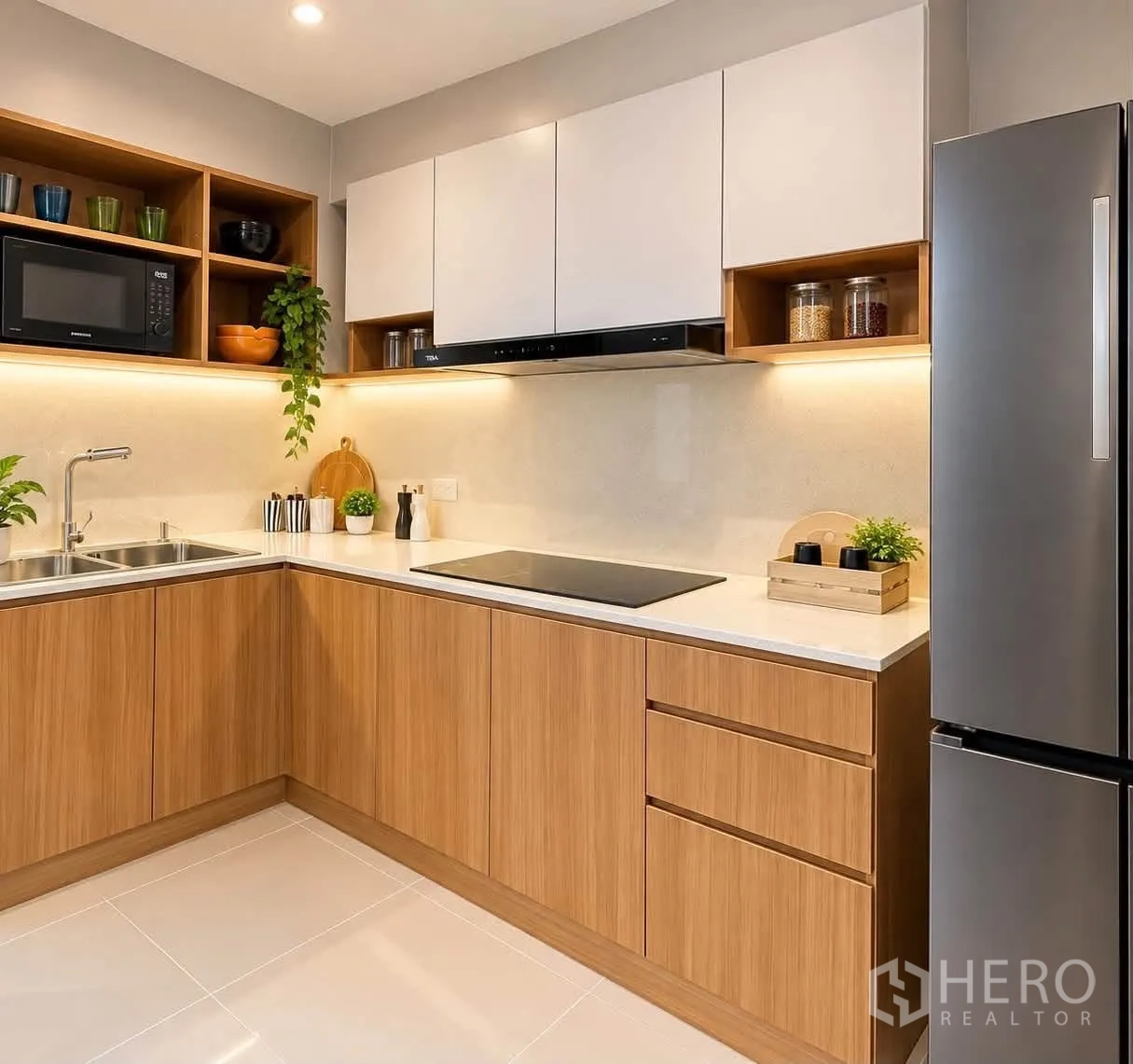 Townhouse for rent in Bang Phli, Samut Prakan - L-shaped kitchen with wood cabinets, double sink, cooktop, and fridge.