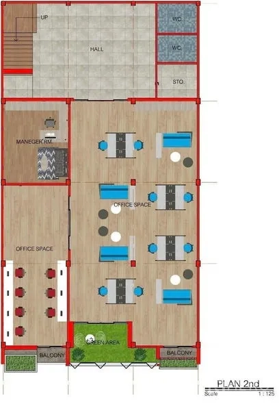 带办公室的家 出租或出售在Suan Luang, Bangkok - 二层办公平面图，包含经理室、开放工位、储物间、卫生间及双阳台与绿地。