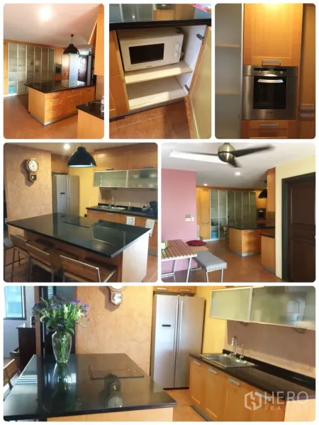 Condominium for rent in Watthana, Bangkok - Spacious kitchen with black granite island, wooden cabinetry, built-in oven, microwave shelf, tile flooring and pendant light.