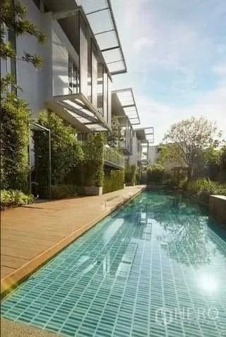 Townhouse for rent in Huai Khwang, Bangkok - Long tiled lap pool running alongside modern townhouses with sun deck and lush planting.