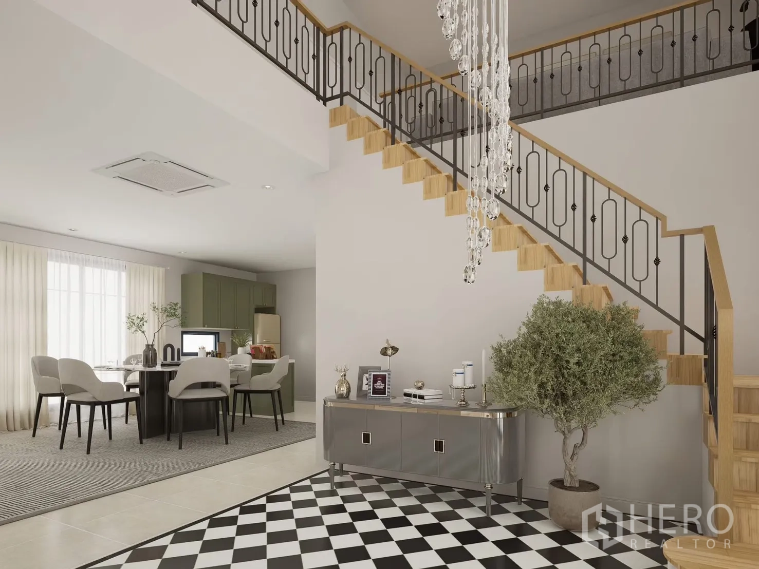 Detached House for rent in Bang Phli, Samut Prakan - Crystal chandelier over the staircase beside the open dining area.