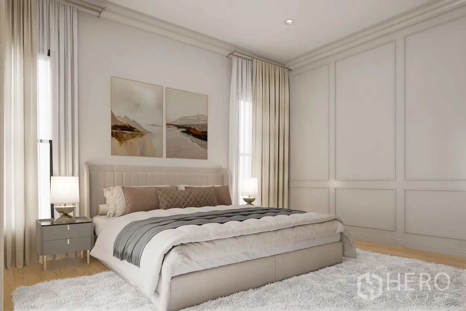 Detached House for rent in Bang Phli, Samut Prakan - Master bedroom with king bed, paneled wall and warm lighting.