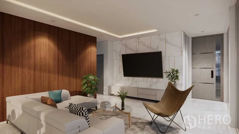 Land for sale in Prawet, Bangkok - Contemporary living room render with L‑shaped sofa, marble TV wall and wood accent panel.