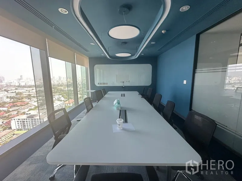 Office Space for rent in Ratchathewi, Bangkok - Executive boardroom with skyline views and blue ceiling feature.