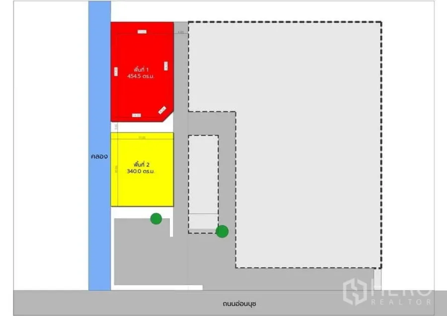 Land for rent in Watthana, Bangkok - Site plan of a Watthana land plot showing two color-coded sections, canal frontage to the west, internal driveway, and access to a public road.