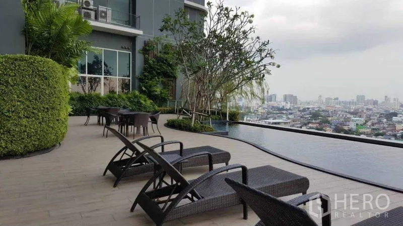 Condominium for rent in Bang Kho Laem, Bangkok - Infinity-edge pool deck with sun loungers and panoramic city skyline.