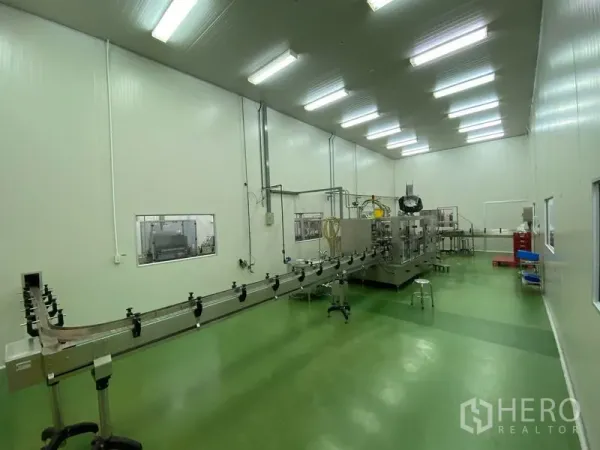 Warehouse for rent in Bueng Kum, Bangkok - Clean room production area with stainless conveyor line, machines and green epoxy floor beneath LED panels.