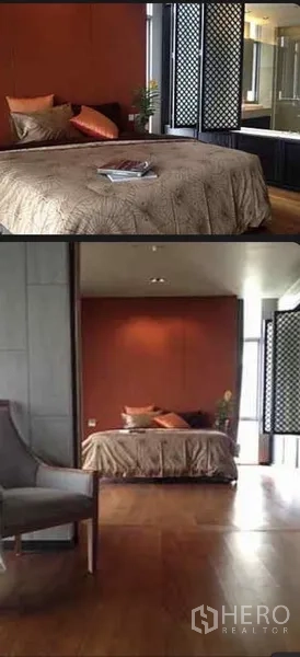 Condominium for rent in Sathon, Bangkok - Primary bedroom with orange feature wall, bed and lattice screen partition to the ensuite area.