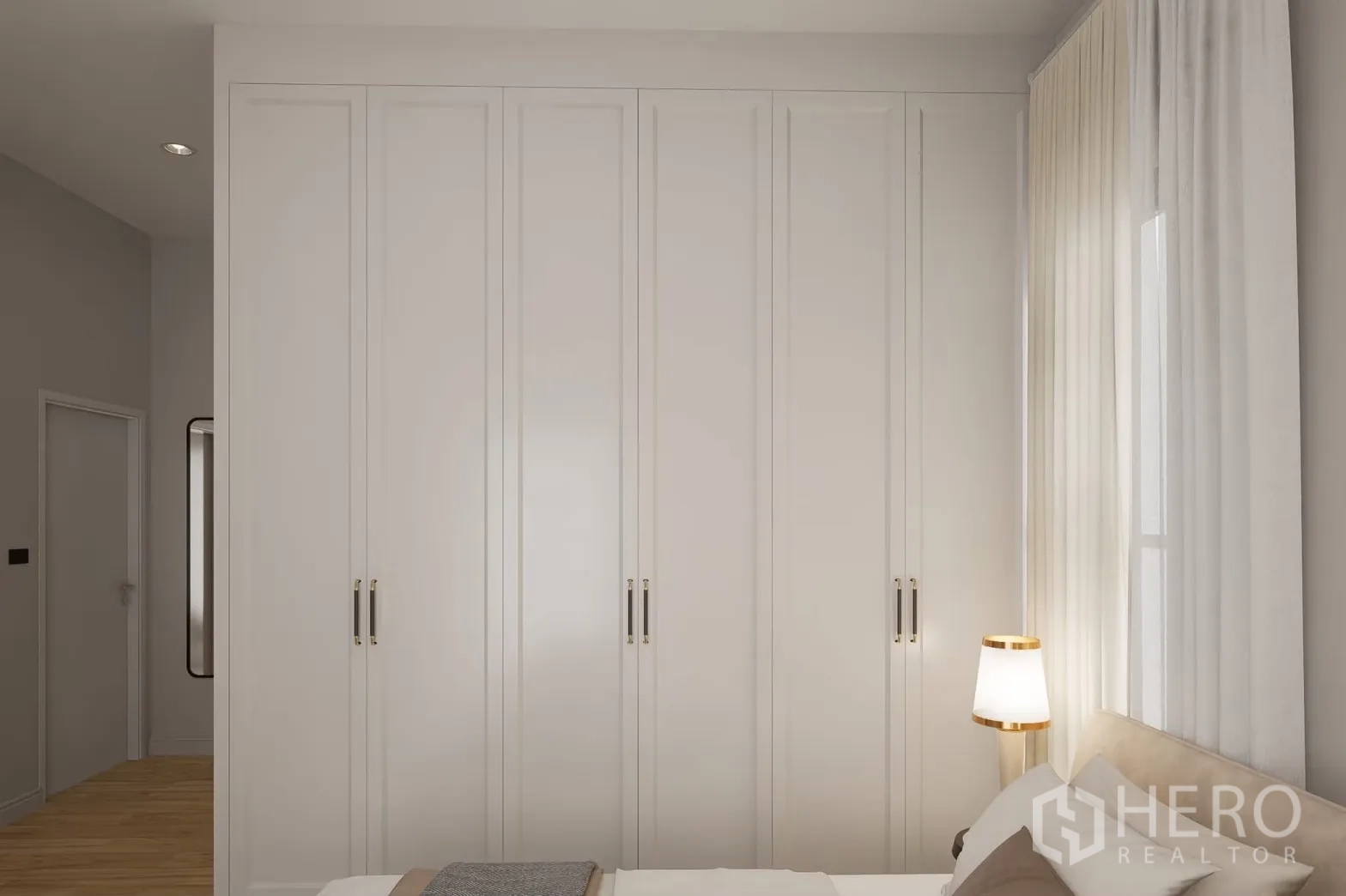 Detached House for rent in Bang Phli, Samut Prakan - Wardrobe wall with tall paneled doors beside window.