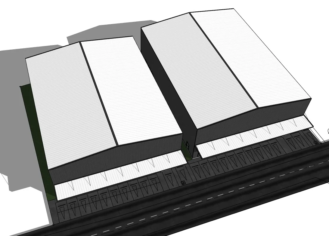 Warehouse for rent in Prawet, Bangkok - Aerial view of two adjoining warehouse blocks with covered loading zones and parking along the road.