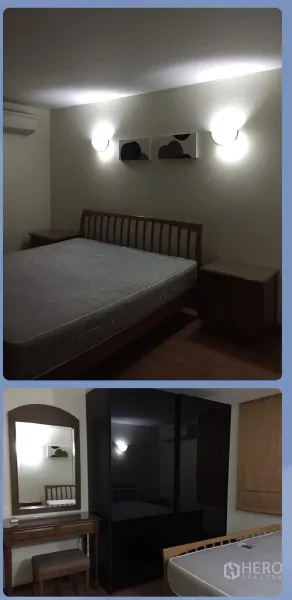 公寓 出租在Watthana, Bangkok - 从餐桌望向独立厨房，木质橱柜与瓷砖地面。