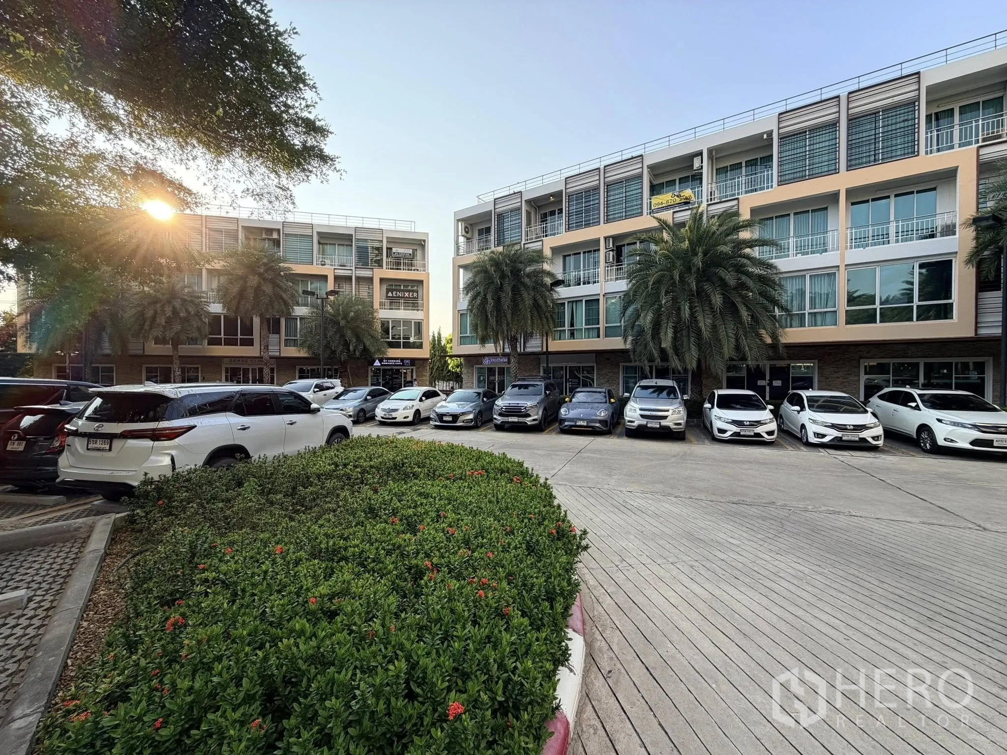 家庭办公室 for rent or sale in Yan Nawa, Bangkok - 低层建筑外立面，棕榈树与充足停车位。