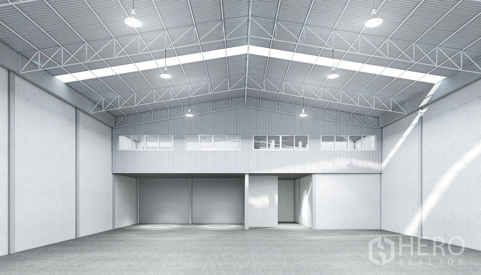Factory for rent in Pathum Thani - Rendered front view showing mezzanine offices and roller shutter doors.