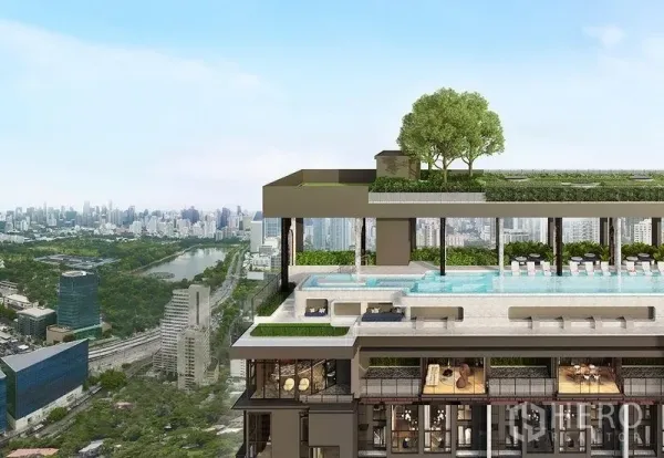 公寓 出售在Khlong Toei, Bangkok - 屋顶无边泳池，遮荫休闲区与花园露台，享城市全景。
