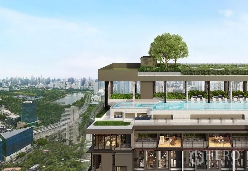 公寓 出售在Khlong Toei, Bangkok - 屋顶无边泳池，遮荫休闲区与花园露台，享城市全景。