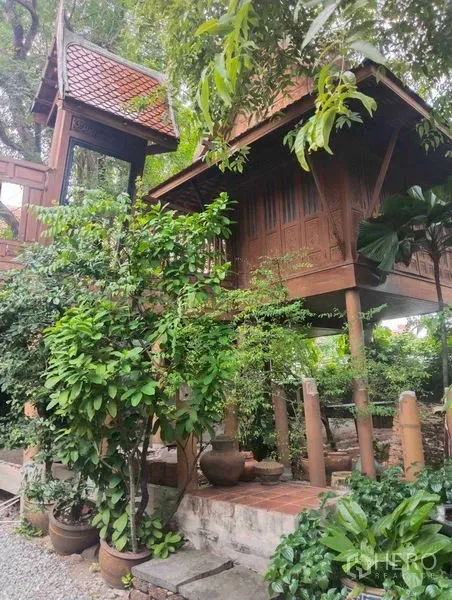บ้าน ให้เช่าหรือขายในSuan Luang, Bangkok - บ้านไม้สไตล์ไทยยกใต้ถุน หลังคาทรงจั่ว รายล้อมด้วยสวนเขตร้อนเขียวชอุ่ม.